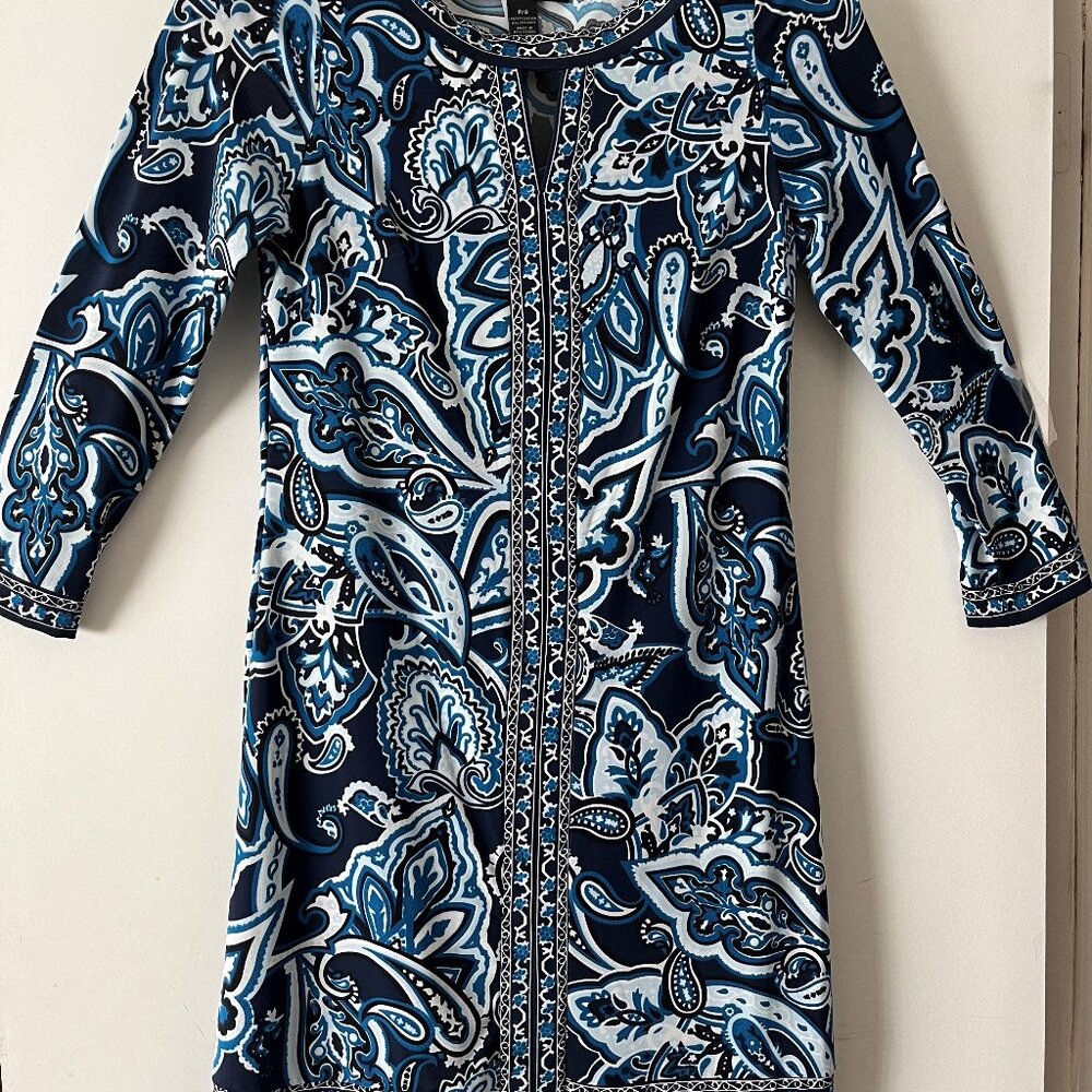 White House Black Market Blue Paisley Print Casual Dress PS - Worn Once
